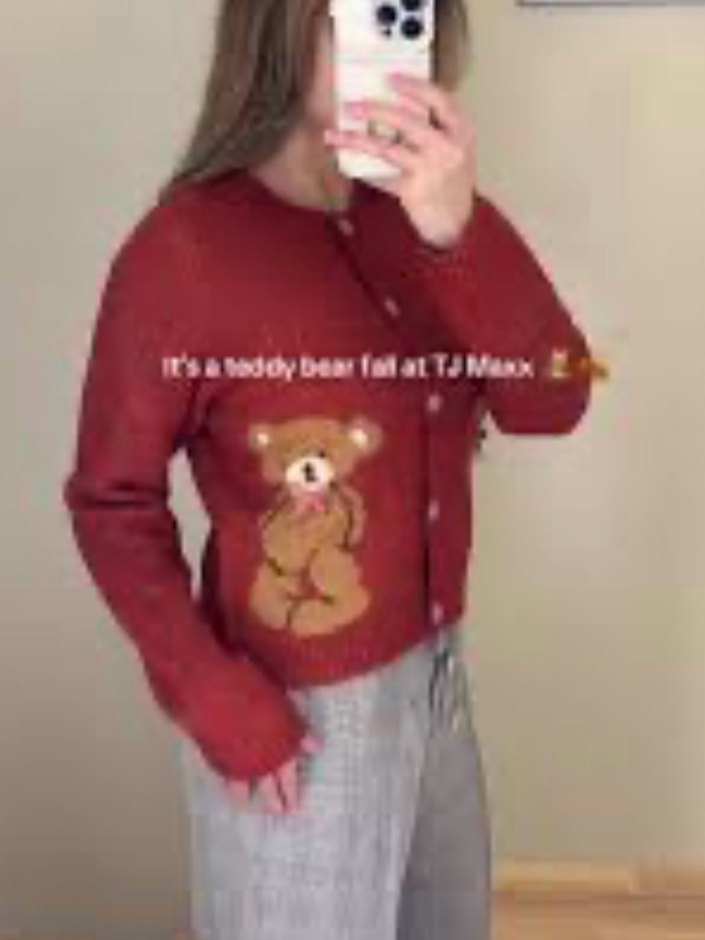 Jessica Simpson Red Knit Cardigan with Brown Teddy Bear Intarsia
